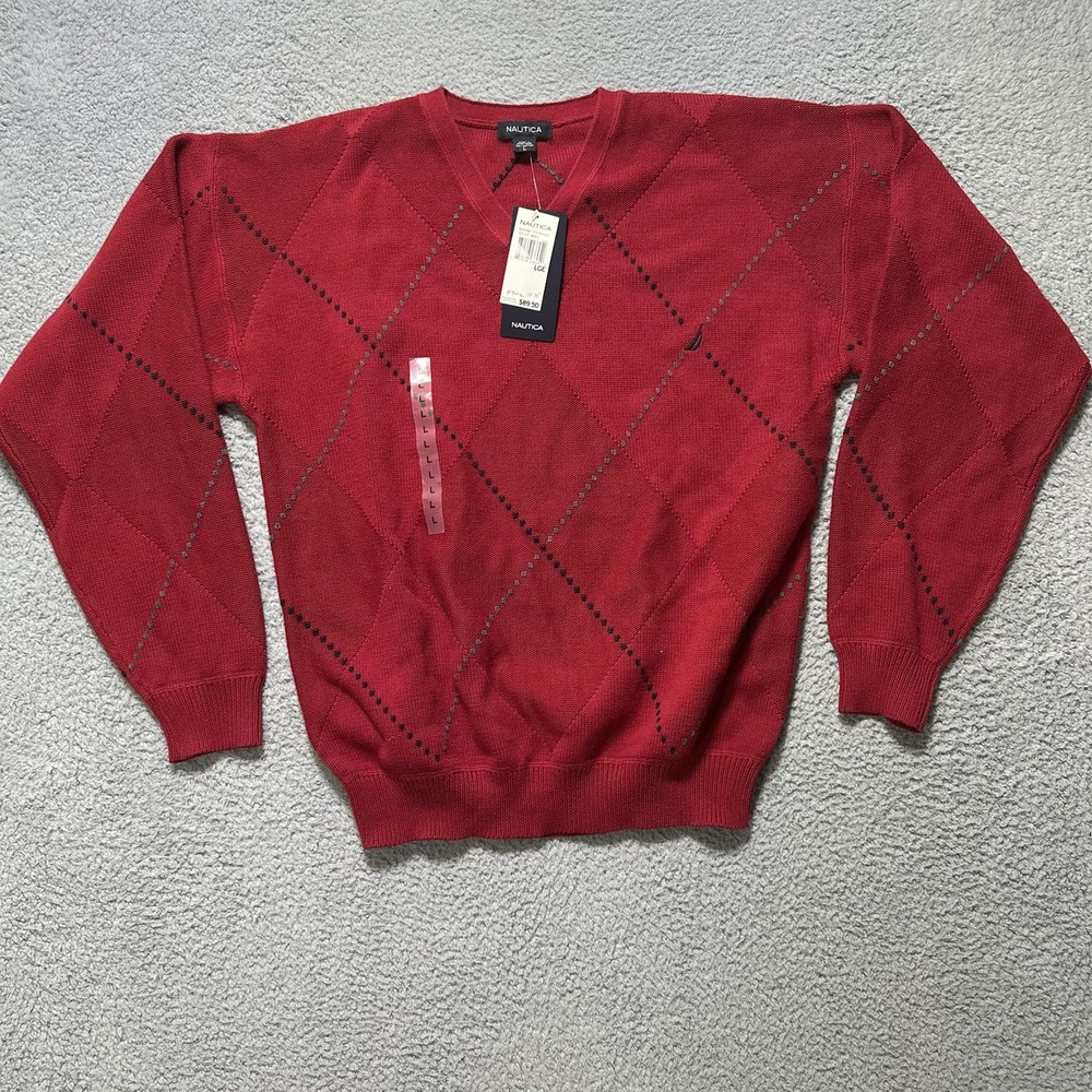 NWT Nautica Sweater Mens Large Red Knit Crew Neck Cotton Pullover Grandpa Preppy